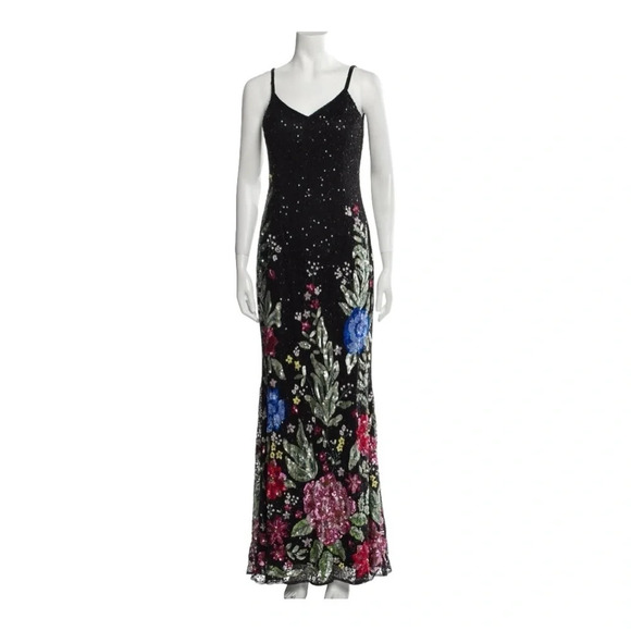 Mac Duggal - 5475 V-Neck Floral Appliqued Black Floral Dress 16 NWT - Picture 5 of 10